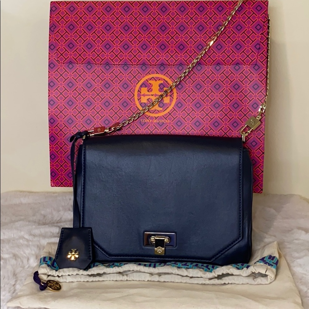 TORY BURCH Navy Leather Clutch Bag